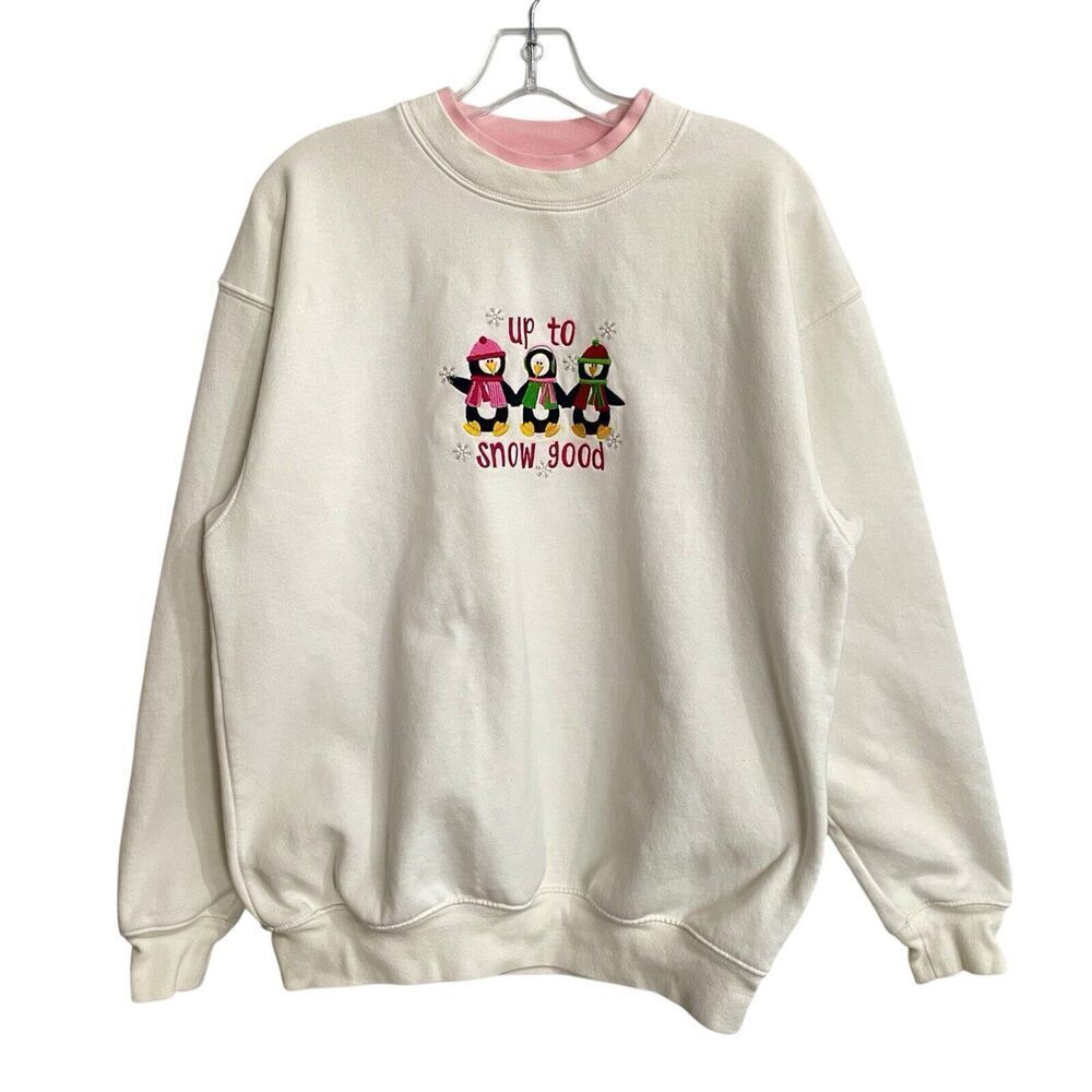 Vintage M&C Sportswear Sweatshirt Women Large White Pink Penguin Grandma Winter
